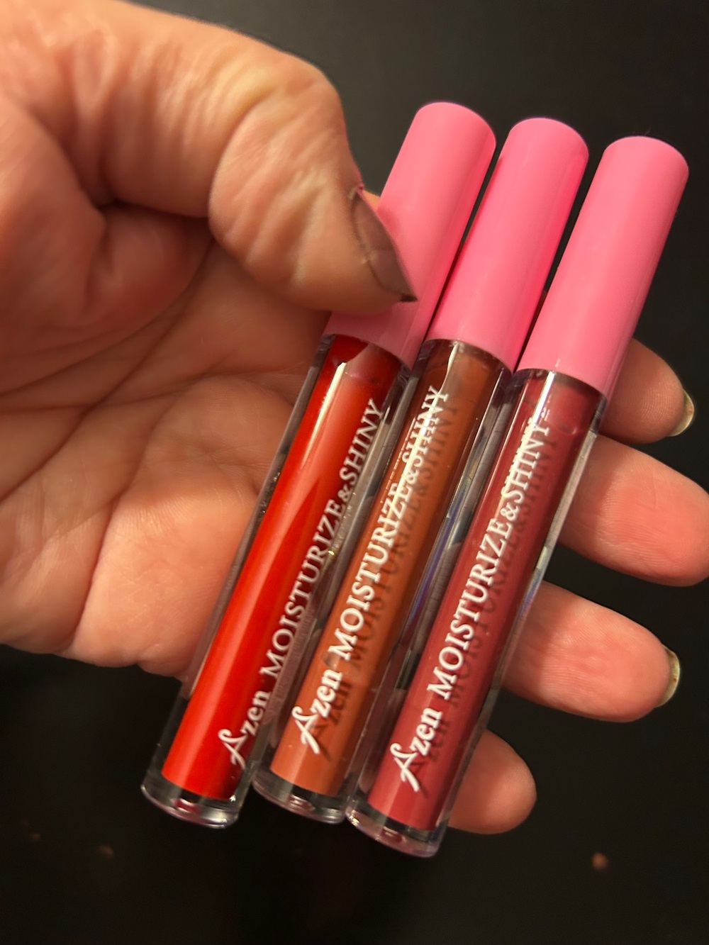 Moisturize & Shiny Lip Gloss Trio — Pink Caps with Red, Brown, Rose Shades